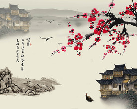 水墨梅花山水背景墙