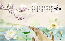 手绘荷花装饰画背景墙