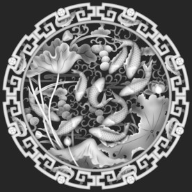 九鱼荷花圆形镂空挂屏精雕浮雕