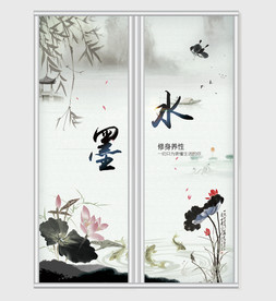 江山如画垂柳水墨荷花移门