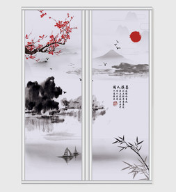 中国风梅竹水面风光移门