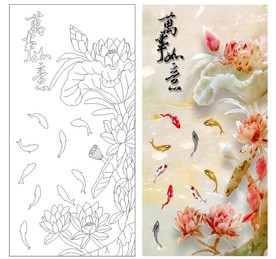 荷花 九鱼 玉雕 高清印刷路径