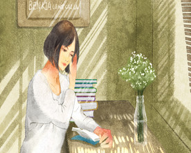 手绘唯美文静读书女孩阳光透窗