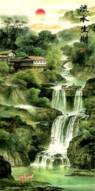 流水生财山水瀑布玄关背景墙