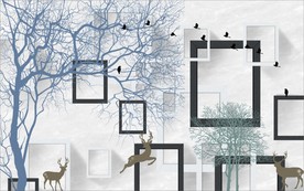 现代简约树木麋鹿方格电视背景墙