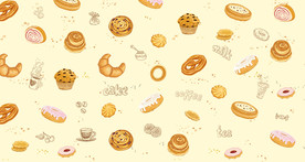 手绘咖啡蛋糕甜甜圈甜品店背景墙