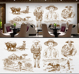 手绘素描餐厅背景墙