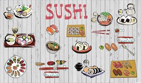 手绘寿司日本料理复古怀旧背景墙