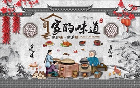 手绘美食人物复古背景墙