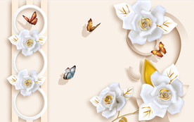 白色花朵 蝴蝶 3D画 源分层