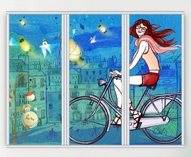 卡通脚踏车的女孩三联门