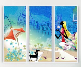 卡通女孩与景色三联门