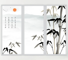 中国风水墨竹子三联门