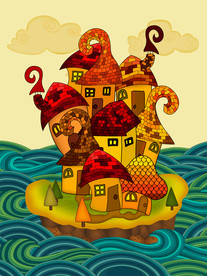 儿童插画小岛房子