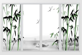 竹林山水小舟老叟中式移门