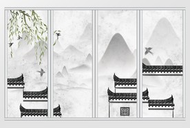 新中式水墨马头墙移门