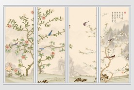 中式花草水墨风山水画移门
