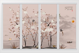 新中式梨花开山水画移门