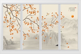 中式银杏树山水画移门