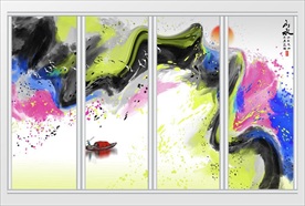 中式抽象水墨山水画移门