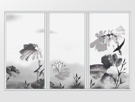 中式水墨清新简约荷花移门