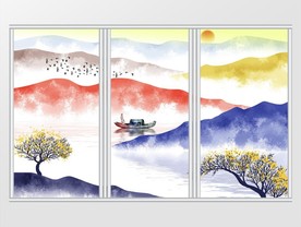 新中式彩色抽象水墨山水移门