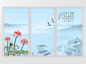 古典水墨清新荷花移门