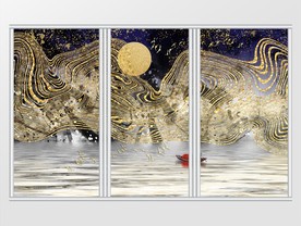 新中式金色抽象山水移门