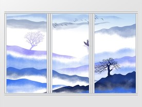 新中式蓝色抽象山水移门