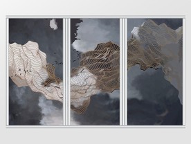 中式抽象意境山水金色线条飞鸟移