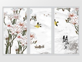 新中式手绘玉兰花鸟移门
