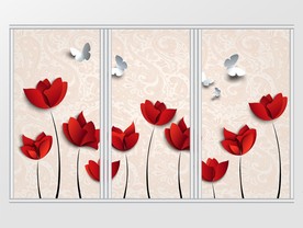 3D立体时尚红色花朵蝴蝶移门