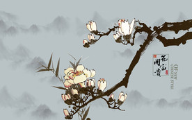 花开富贵玉兰山水中式电视背景墙