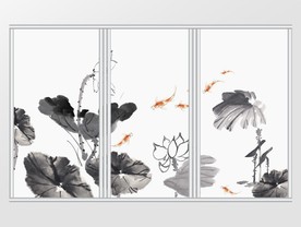 中国风手绘水墨荷花移门