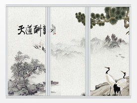 中式水墨青松仙鹤移门