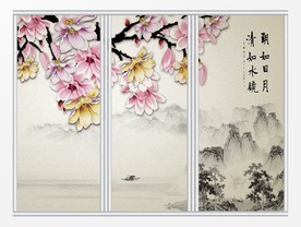 中国风玉兰花水墨山水移门