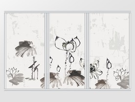 中式中国风手绘水墨意境荷花移门