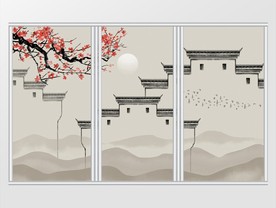 新中式水墨徽派建筑马头墙移门