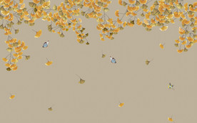 新中式手绘银杏工笔花鸟背景墙