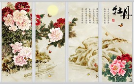 江南水乡中国风牡丹花移门