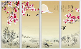 应长天玉兰花国画移门