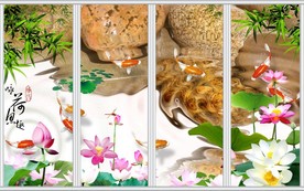 咏荷鱼趣中式移门