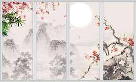 中国风梅花玉兰竹子山水移门