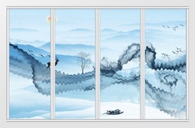 新中式蓝色山水日出客厅移门