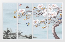 中式工笔画玉兰花移门