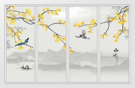 银杏手绘工笔花鸟新中式移门