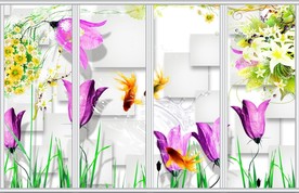 3D玉兰花红色石头移门