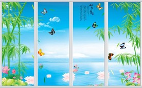 山水情荷花竹子蝴蝶移门