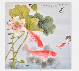 年年有余手绘工笔花鸟荷花锦鲤图