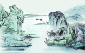 国画山水中式电视机背景墙
